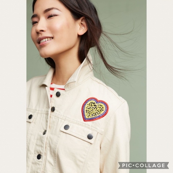 :Price Firm: Anthro Maison Labiche Embroidered Heart Denim Jacket in Cream - Picture 4 of 10